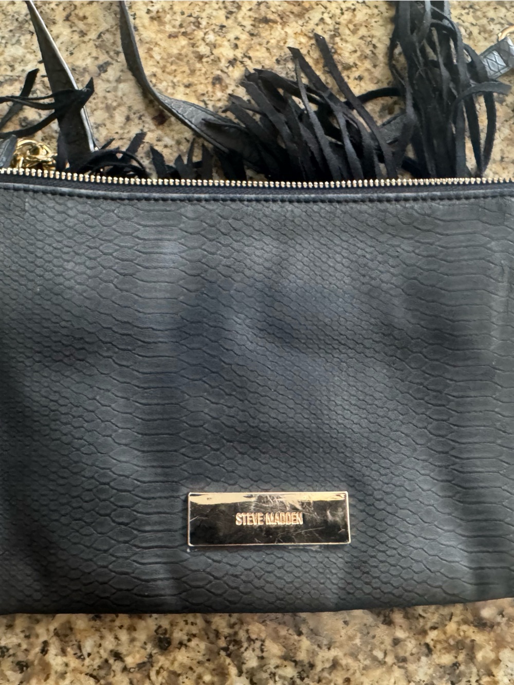 Steve Madden Black Fringe Snake-Embossed Clutch with Gold Plate and Chain Strap